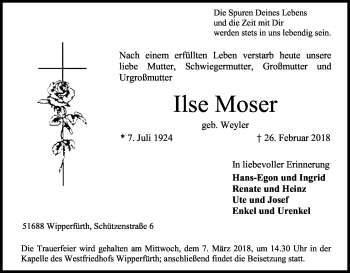 Anzeige von Ilse Moser von Kölner Stadt-Anzeiger / Kölnische Rundschau / Express
