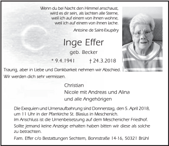 Anzeige von Inge Effer von  Schlossbote/Werbekurier 