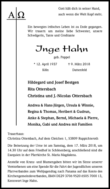 Anzeige von Inge Hahn von Kölner Stadt-Anzeiger / Kölnische Rundschau / Express