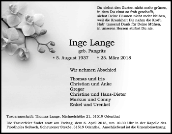 Anzeige von Inge Lange von Kölner Stadt-Anzeiger / Kölnische Rundschau / Express