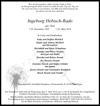 Anzeige von Ingeborg Hebisch-Rado von Kölner Stadt-Anzeiger / Kölnische Rundschau / Express