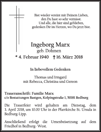 Anzeige von Ingeborg Marx von  Sonntags-Post 