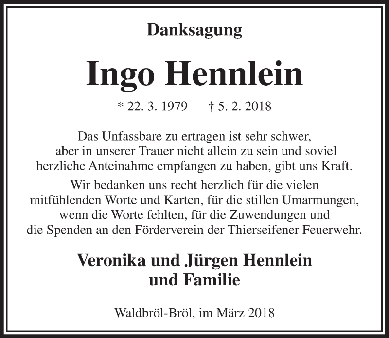  Traueranzeige für Ingo Hennlein vom 21.03.2018 aus  Lokalanzeiger 