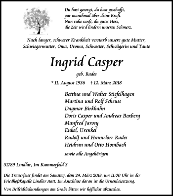 Anzeige von Ingrid Casper von Kölner Stadt-Anzeiger / Kölnische Rundschau / Express