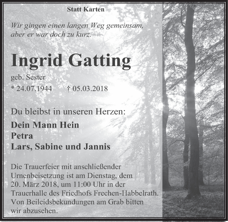  Traueranzeige für Ingrid Gatting vom 14.03.2018 aus  Wochenende 