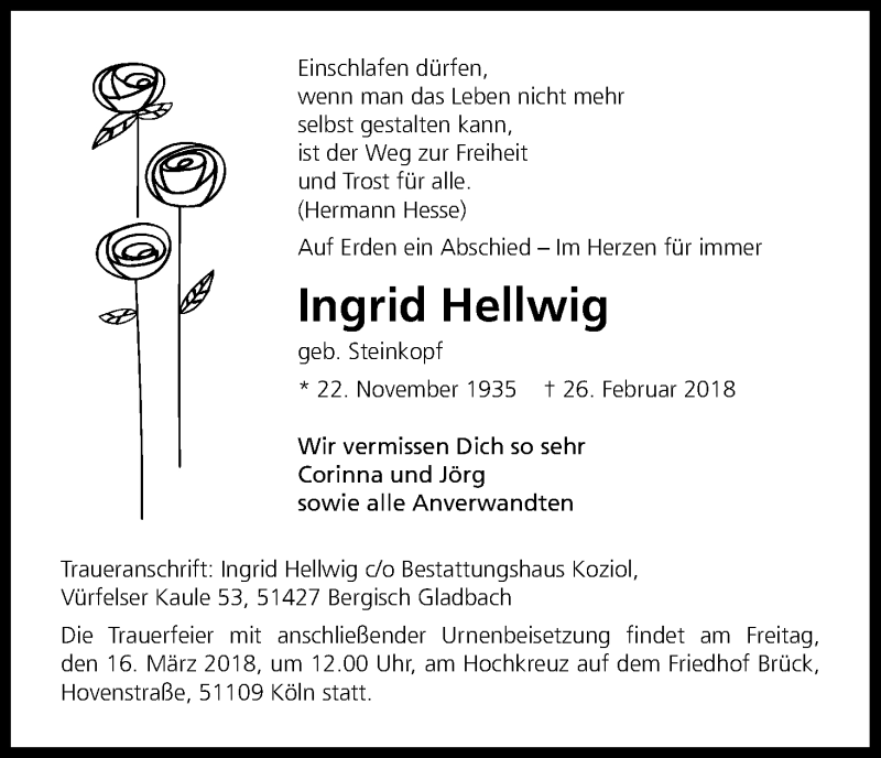  Traueranzeige für Ingrid Hellwig vom 10.03.2018 aus Kölner Stadt-Anzeiger / Kölnische Rundschau / Express