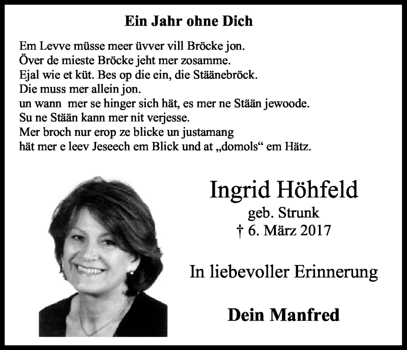  Traueranzeige für Ingrid Höhfeld vom 06.03.2018 aus Kölner Stadt-Anzeiger / Kölnische Rundschau / Express