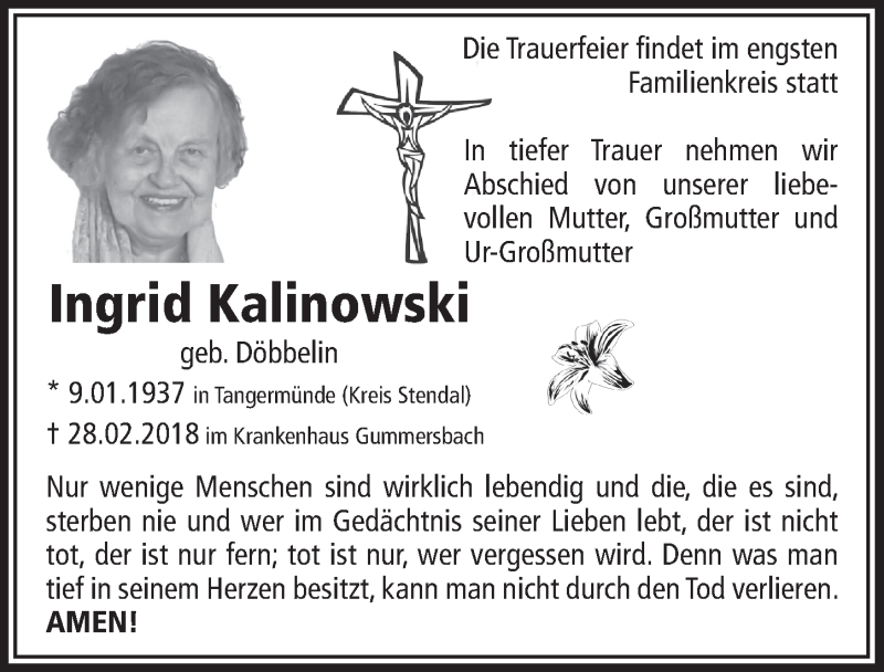  Traueranzeige für Ingrid Kalinowski vom 07.03.2018 aus  Anzeigen Echo 