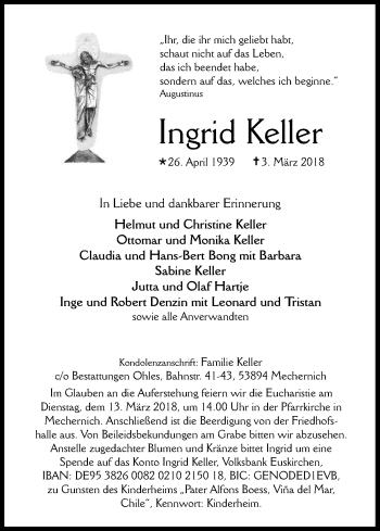 Anzeige von Ingrid Keller von Kölner Stadt-Anzeiger / Kölnische Rundschau / Express