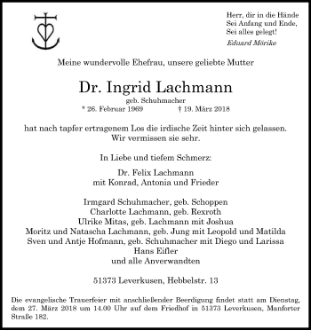 Anzeige von Ingrid Lachmann von Kölner Stadt-Anzeiger / Kölnische Rundschau / Express