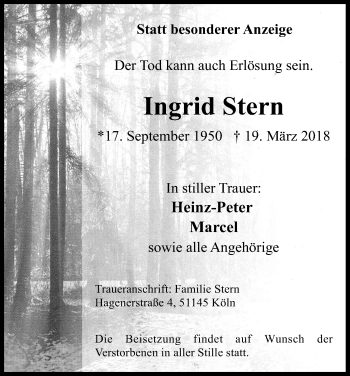 Anzeige von Ingrid Stern von Kölner Stadt-Anzeiger / Kölnische Rundschau / Express