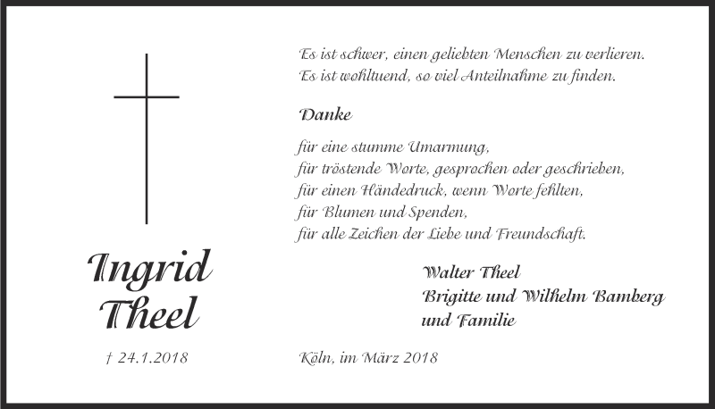  Traueranzeige für Ingrid Theel vom 07.03.2018 aus  Kölner Wochenspiegel 