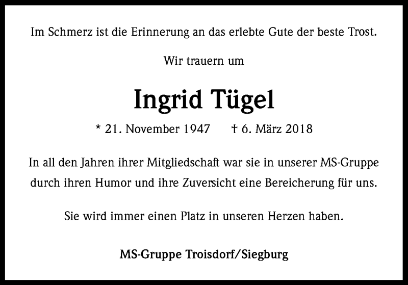 Traueranzeige für Ingrid Tügel vom 24.03.2018 aus Kölner Stadt-Anzeiger / Kölnische Rundschau / Express