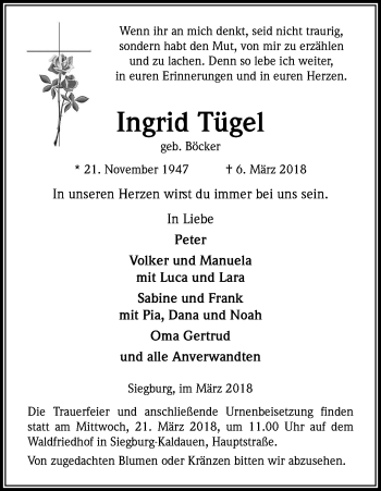 Anzeige von Ingrid Tügel von Kölner Stadt-Anzeiger / Kölnische Rundschau / Express