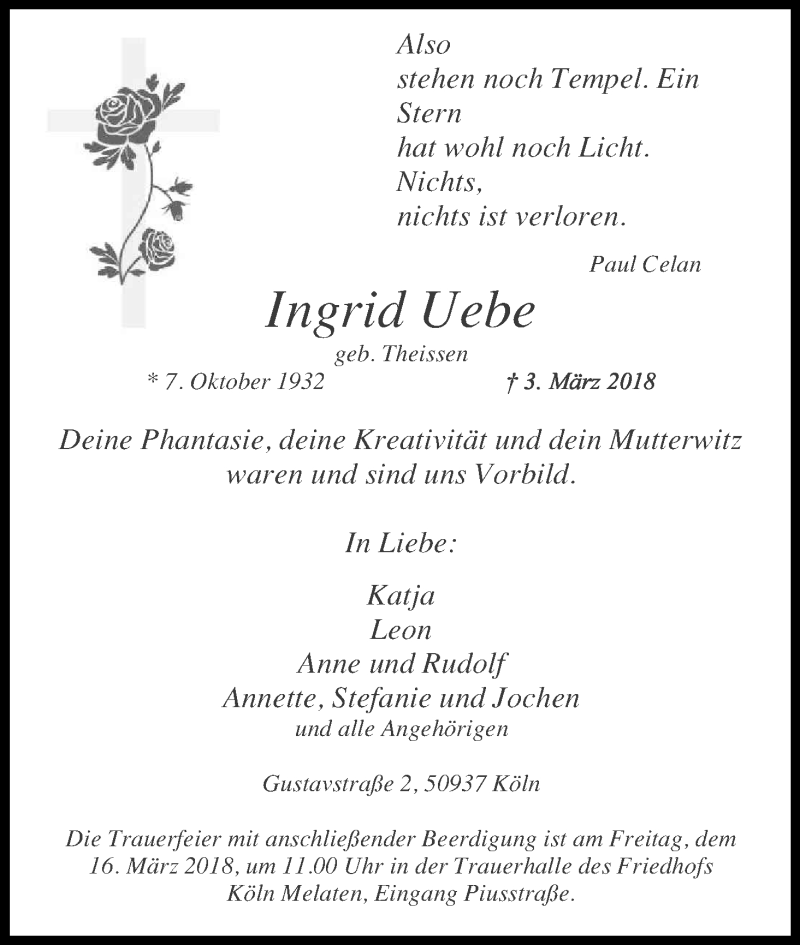 Traueranzeige für Ingrid Uebe vom 10.03.2018 aus Kölner Stadt-Anzeiger / Kölnische Rundschau / Express