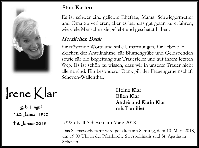  Traueranzeige für Irene Klar vom 08.03.2018 aus Kölner Stadt-Anzeiger / Kölnische Rundschau / Express