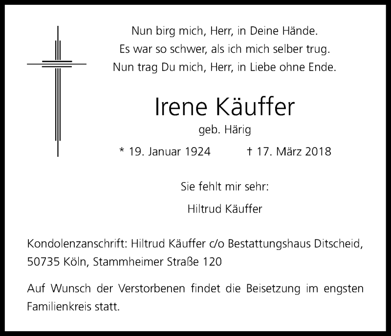  Traueranzeige für Irene Käuffer vom 24.03.2018 aus Kölner Stadt-Anzeiger / Kölnische Rundschau / Express
