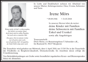 Anzeige von Irene Mörs von  Sonntags-Post 
