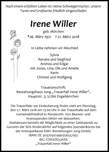 Anzeige von Irene Willer von Kölner Stadt-Anzeiger / Kölnische Rundschau / Express