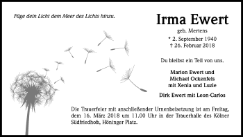 Anzeige von Irma Ewert von Kölner Stadt-Anzeiger / Kölnische Rundschau / Express