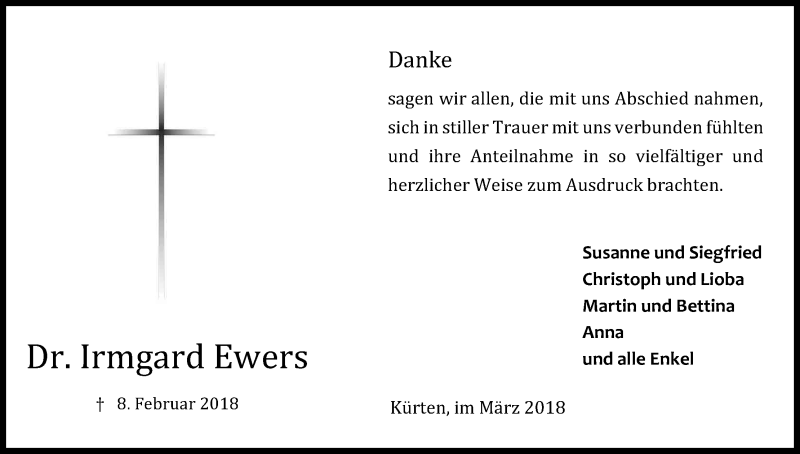  Traueranzeige für Irmgard Ewers vom 03.03.2018 aus Kölner Stadt-Anzeiger / Kölnische Rundschau / Express