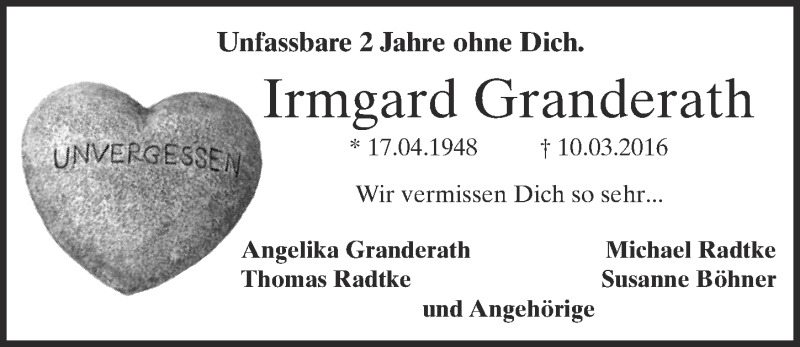  Traueranzeige für Irmgard Granderath vom 10.03.2018 aus  Schaufenster/Blickpunkt am Wochenende 