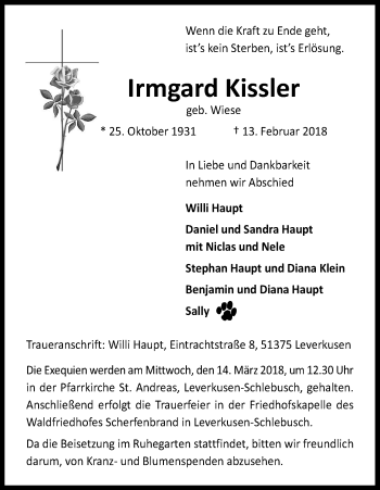 Anzeige von Irmgard Kissler von Kölner Stadt-Anzeiger / Kölnische Rundschau / Express