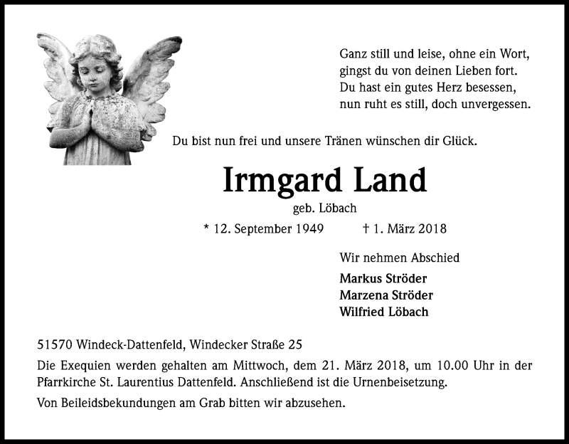 Traueranzeige für Irmgard Land vom 10.03.2018 aus Kölner Stadt-Anzeiger / Kölnische Rundschau / Express