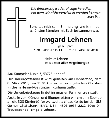 Anzeige von Irmgard Lehnen von Kölner Stadt-Anzeiger / Kölnische Rundschau / Express