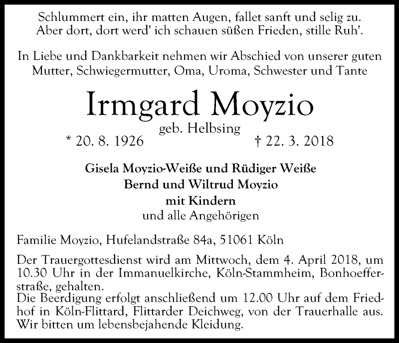  Traueranzeige für Irmgard Moyzio vom 31.03.2018 aus Kölner Stadt-Anzeiger / Kölnische Rundschau / Express