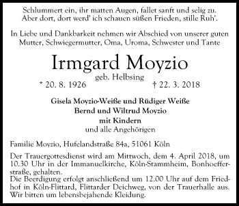Anzeige von Irmgard Moyzio von Kölner Stadt-Anzeiger / Kölnische Rundschau / Express