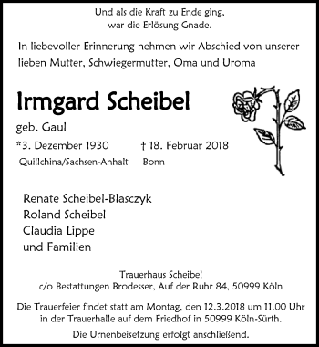 Anzeige von Irmgard Scheibel von  Kölner Wochenspiegel 