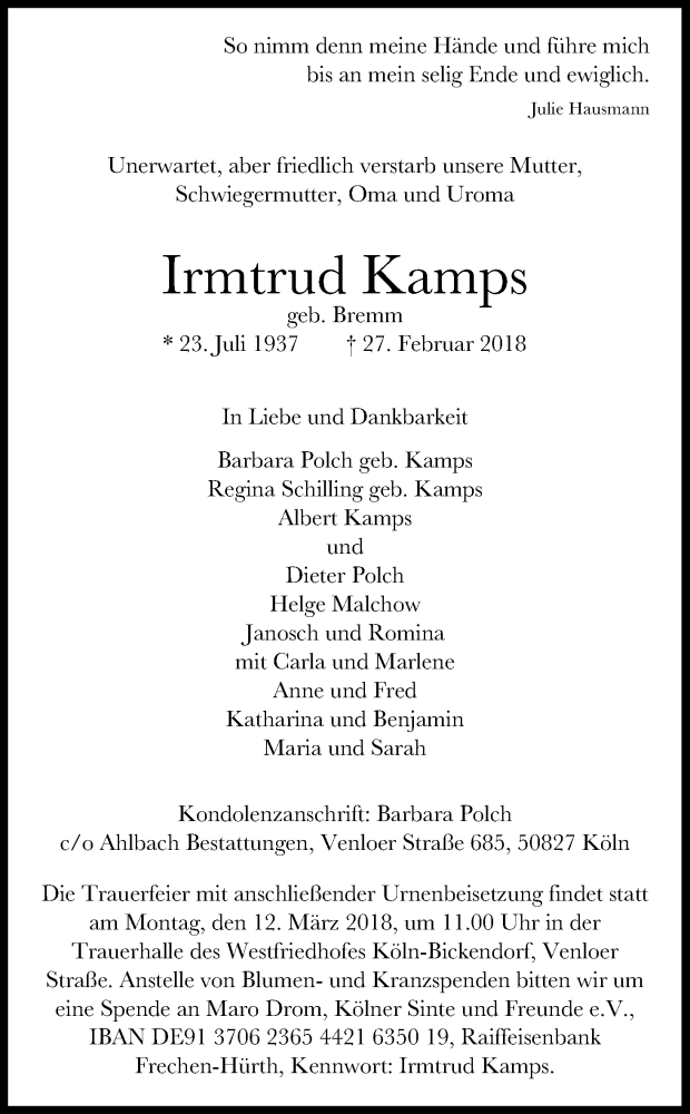  Traueranzeige für Irmtrud Kamps vom 03.03.2018 aus Kölner Stadt-Anzeiger / Kölnische Rundschau / Express
