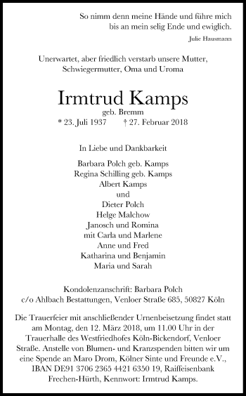 Anzeige von Irmtrud Kamps von Kölner Stadt-Anzeiger / Kölnische Rundschau / Express
