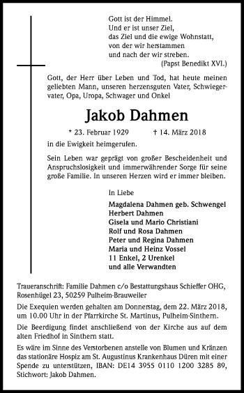 Anzeige von Jakob Dahmen von Kölner Stadt-Anzeiger / Kölnische Rundschau / Express