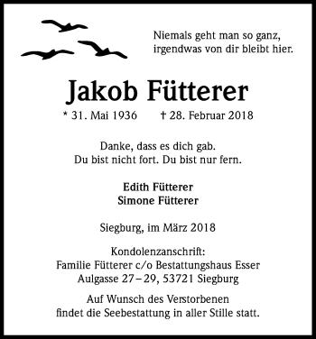 Anzeige von Jakob Fütterer von Kölner Stadt-Anzeiger / Kölnische Rundschau / Express