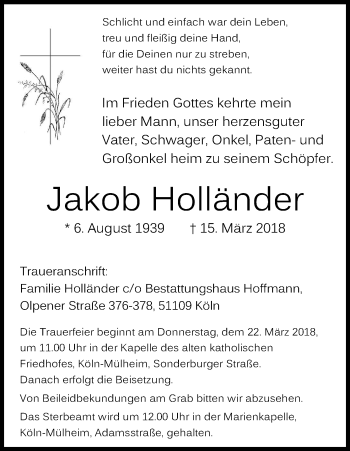 Anzeige von Jakob Holländer von Kölner Stadt-Anzeiger / Kölnische Rundschau / Express