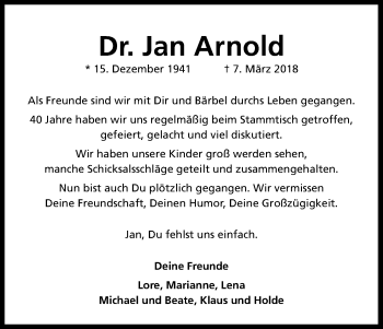 Anzeige von Jan Arnold von Kölner Stadt-Anzeiger / Kölnische Rundschau / Express