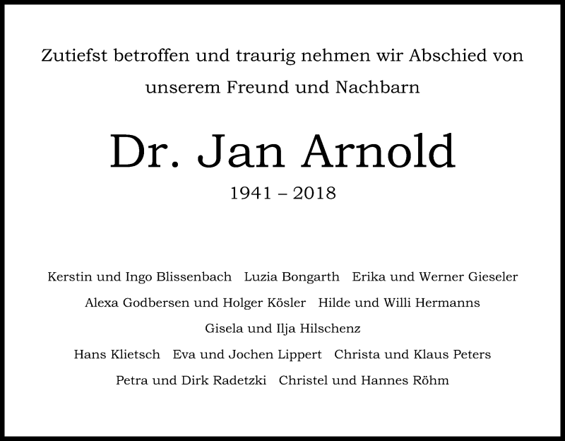 Traueranzeige für Jan Arnold vom 15.03.2018 aus Kölner Stadt-Anzeiger / Kölnische Rundschau / Express