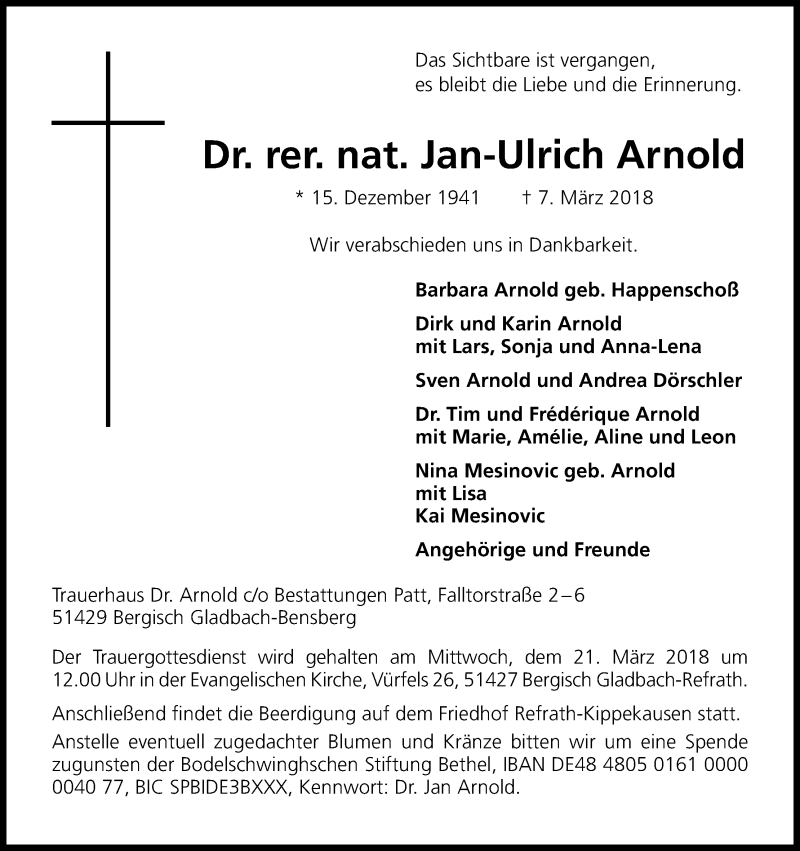  Traueranzeige für Jan-Ulrich Arnold vom 15.03.2018 aus Kölner Stadt-Anzeiger / Kölnische Rundschau / Express