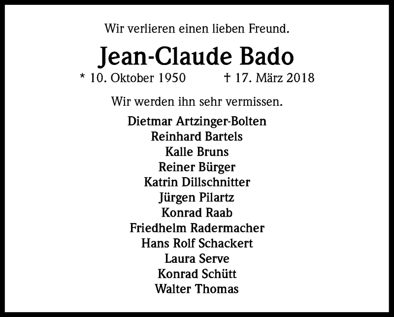  Traueranzeige für Jean-Claude Bado vom 24.03.2018 aus Kölner Stadt-Anzeiger / Kölnische Rundschau / Express