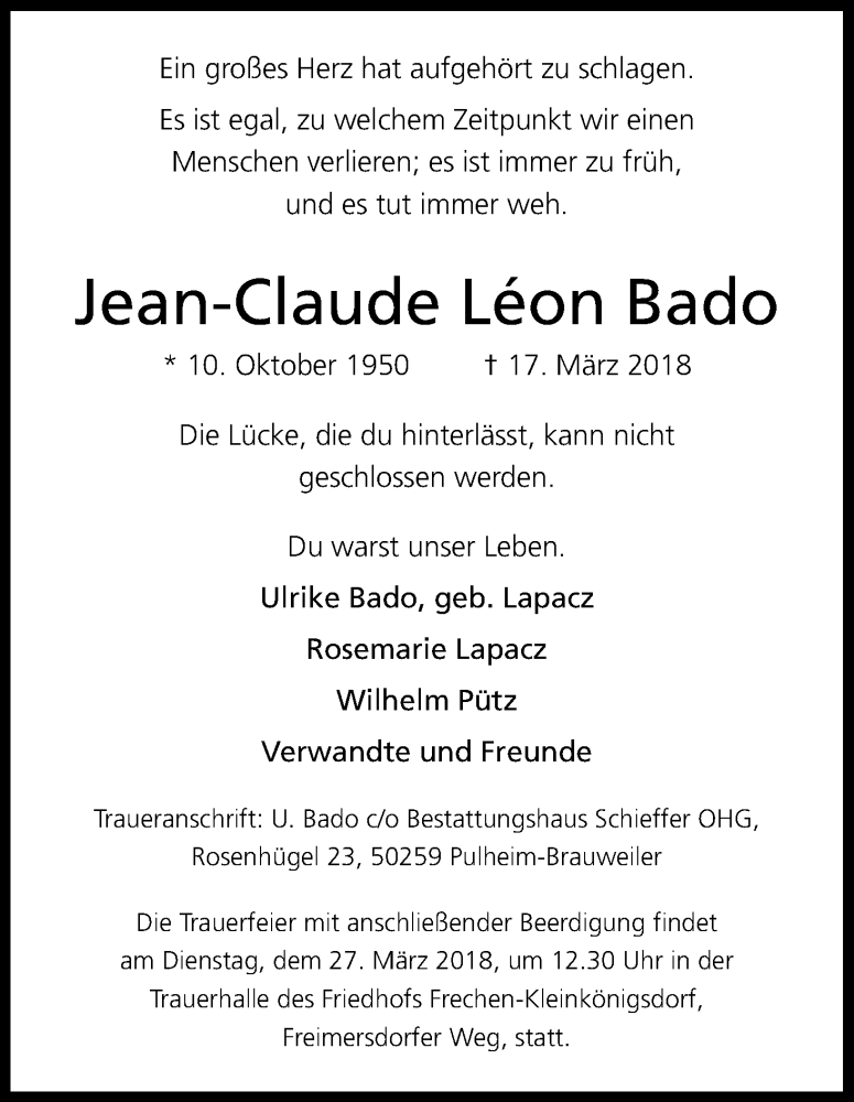  Traueranzeige für Jean-Claude Bado vom 24.03.2018 aus Kölner Stadt-Anzeiger / Kölnische Rundschau / Express