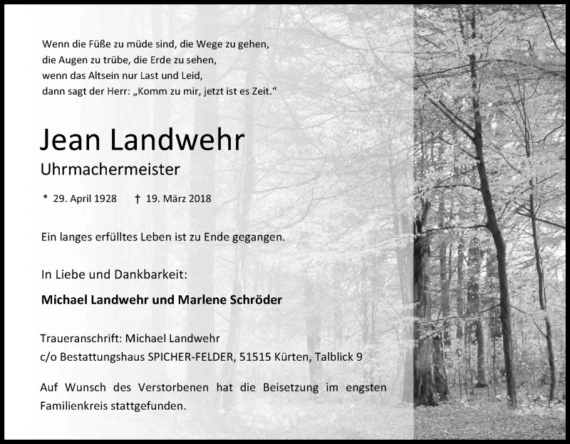  Traueranzeige für Jean Landwehr vom 31.03.2018 aus Kölner Stadt-Anzeiger / Kölnische Rundschau / Express