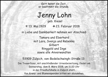 Anzeige von Jenny Lohn von  Blickpunkt Euskirchen 