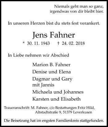 Anzeige von Jens Fahner von Kölner Stadt-Anzeiger / Kölnische Rundschau / Express