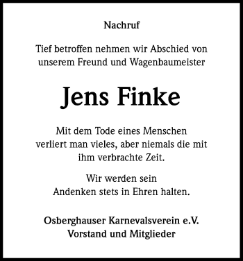 Anzeige von Jens Finke von Kölner Stadt-Anzeiger / Kölnische Rundschau / Express
