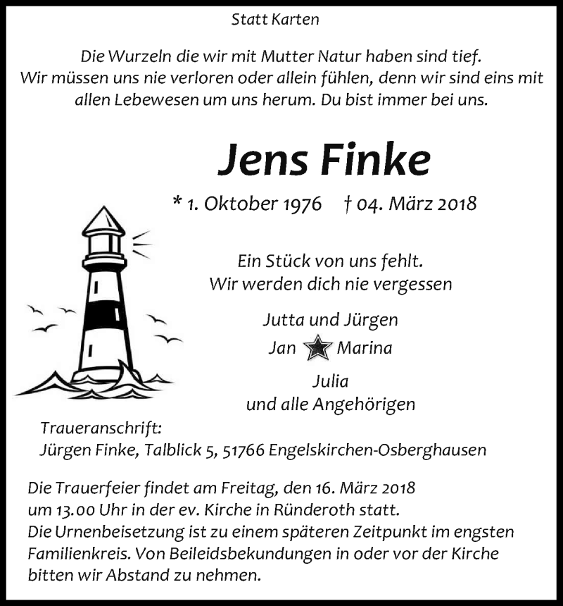  Traueranzeige für Jens Finke vom 10.03.2018 aus Kölner Stadt-Anzeiger / Kölnische Rundschau / Express