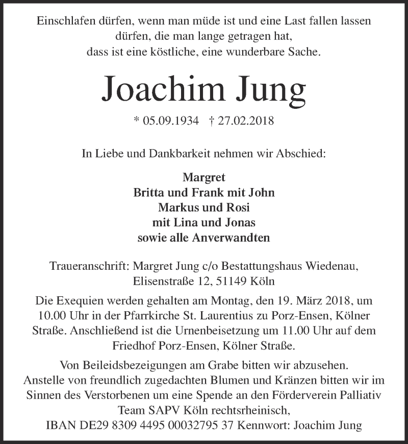  Traueranzeige für Joachim Jung vom 07.03.2018 aus  Kölner Wochenspiegel 