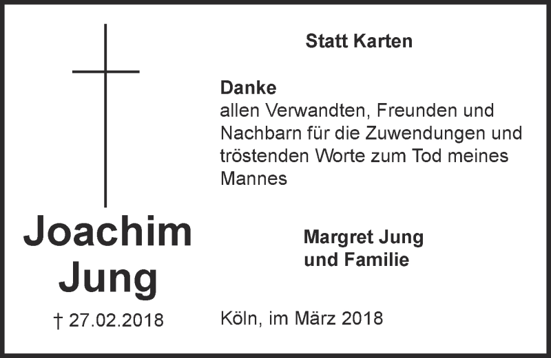  Traueranzeige für Joachim Jung vom 28.03.2018 aus  Kölner Wochenspiegel 