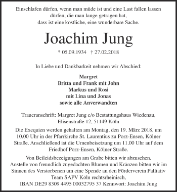 Anzeige von Joachim Jung von  Kölner Wochenspiegel 